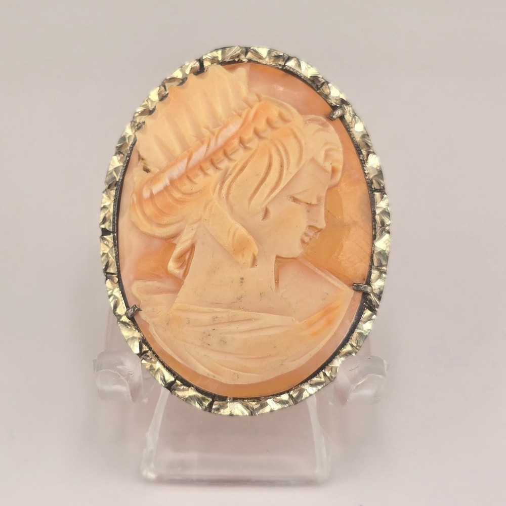 Vintage Estate Cameo Brooch Pendant Orange Carved Shell Portrait 1.5in